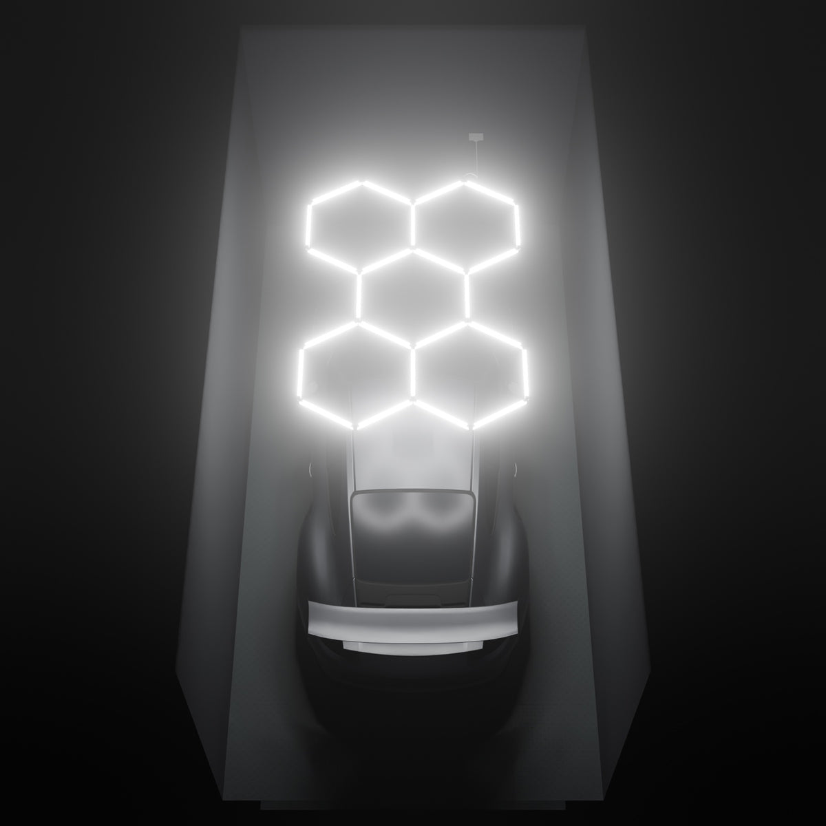 ULTRABEAM Hex Classic 5-Grid B, 2.4 x 1.7 m, lit on the ceiling of a 3 x 6 m single garage