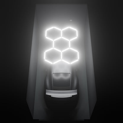 ULTRABEAM Hex Classic 5-Grid B, 2.4 x 1.7 m, lit on the ceiling of a 3 x 6 m single garage