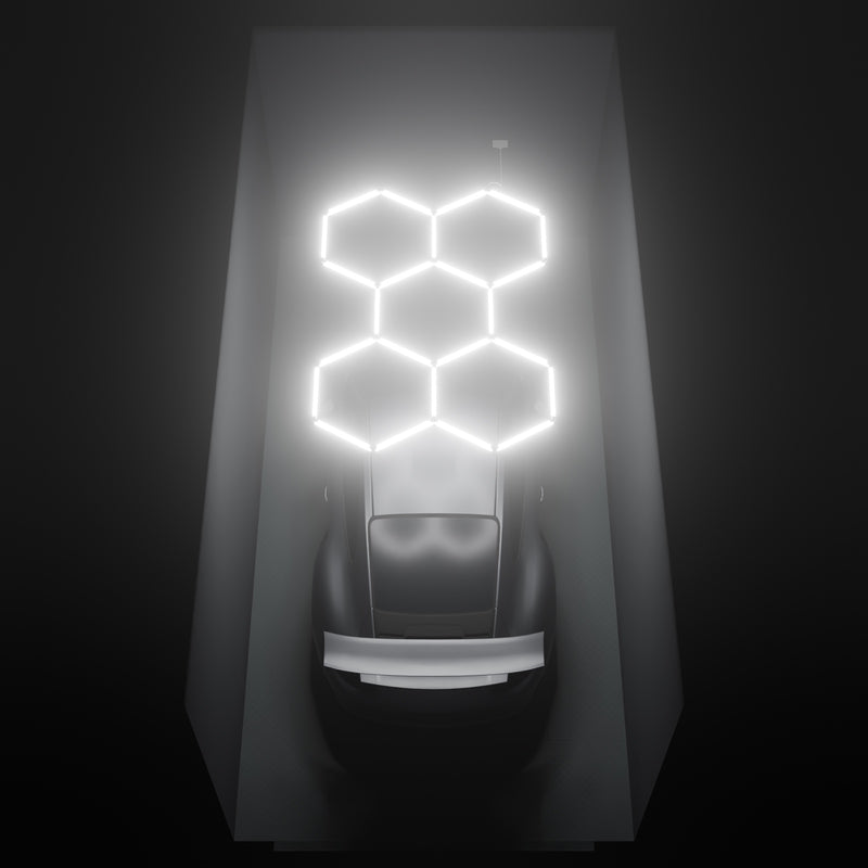 ULTRABEAM Hex Classic 5-Grid B, 2.4 x 1.7 m, lit on the ceiling of a 3 x 6 m single garage