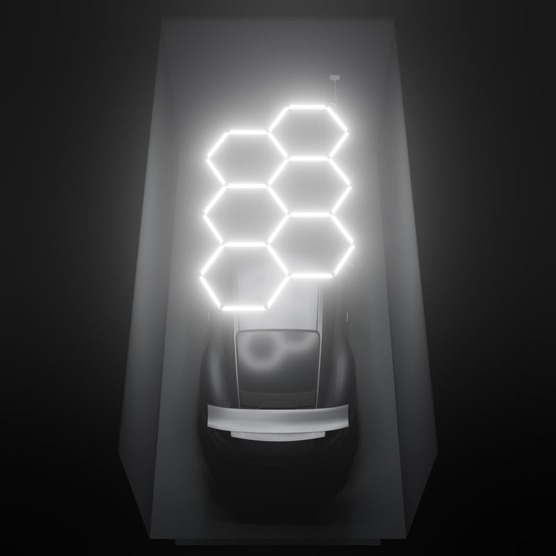 ULTRABEAM Hex Classic 6-Grid A, 2.9 x 1.7 m, lit on the ceiling of a 3 x 6 m single garage
