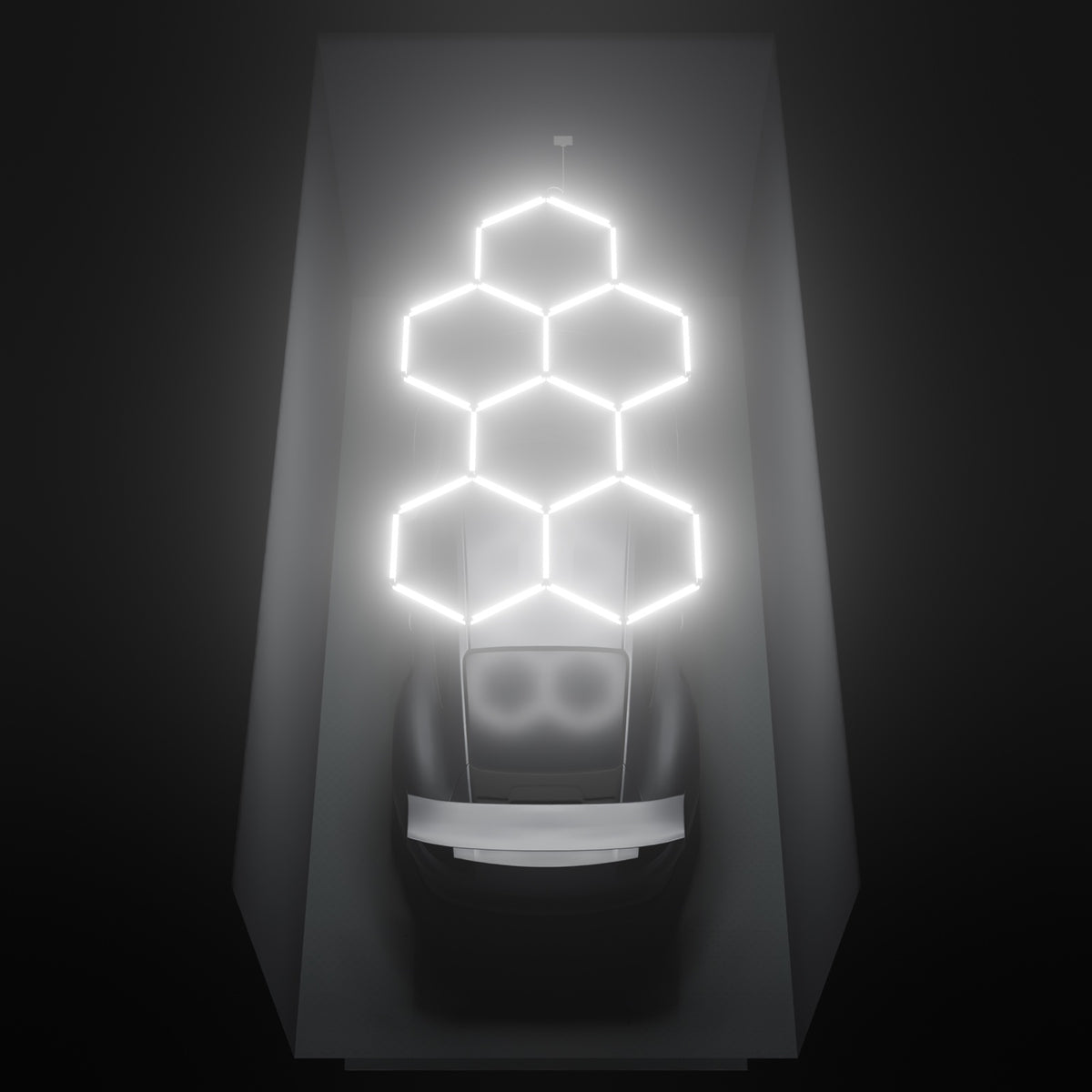 ULTRABEAM Hex Classic 6-Grid B, 3.1 x 1.7 m, lit on the ceiling of a 3 x 6 m single garage