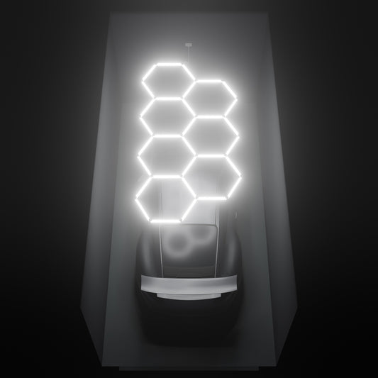 ULTRABEAM Hex Classic 7-Grid A, 3.3 x 1.7 m, lit on the ceiling of a 3 x 6 m single garage