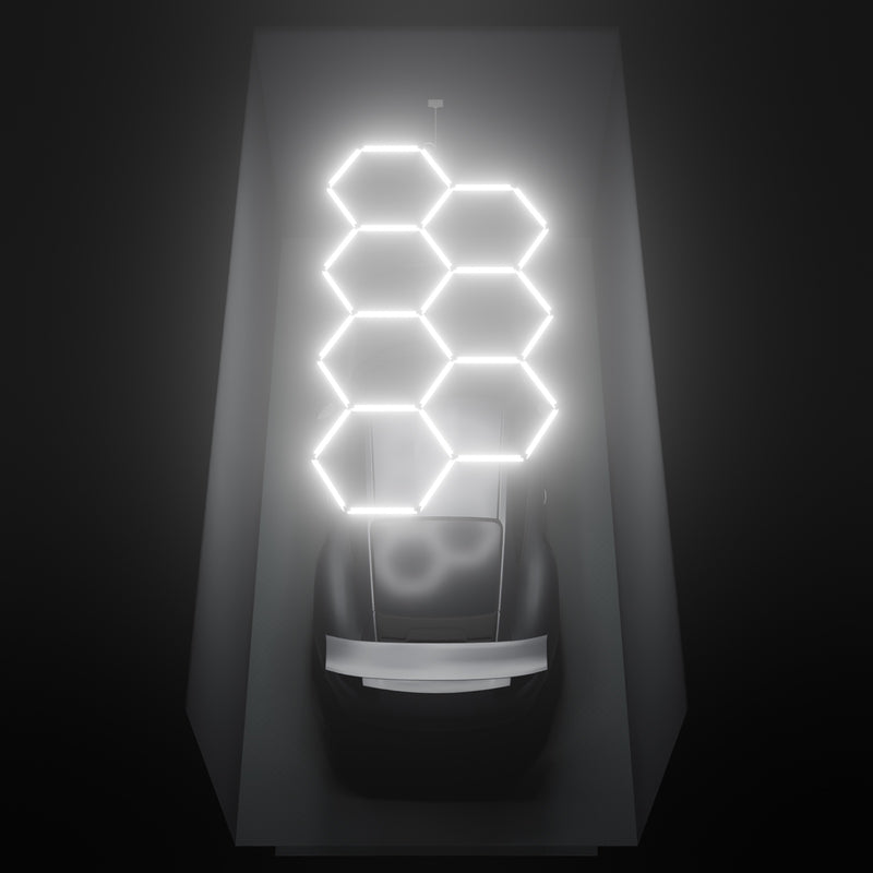 ULTRABEAM Hex Classic 7-Grid A, 3.3 x 1.7 m, lit on the ceiling of a 3 x 6 m single garage