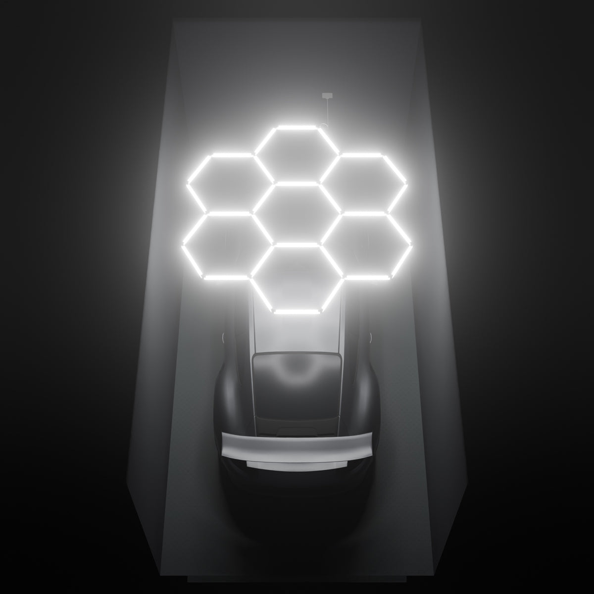 ULTRABEAM Hex Classic 7-Grid B, 2.5 x 2.4 m, lit on the ceiling of a 3 x 6 m single garage