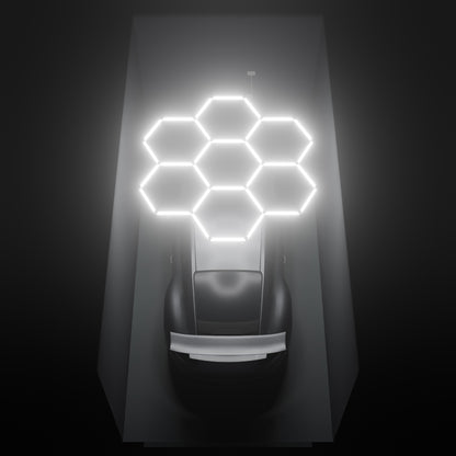 ULTRABEAM Hex Classic 7-Grid B, 2.5 x 2.4 m, lit on the ceiling of a 3 x 6 m single garage