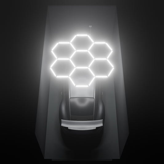 ULTRABEAM Hex Classic 7-Grid B, 2.5 x 2.4 m, lit on the ceiling of a 3 x 6 m single garage