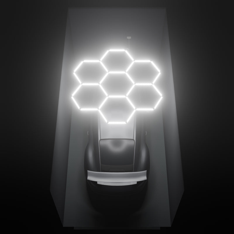 ULTRABEAM Hex Classic 7-Grid B, 2.5 x 2.4 m, lit on the ceiling of a 3 x 6 m single garage