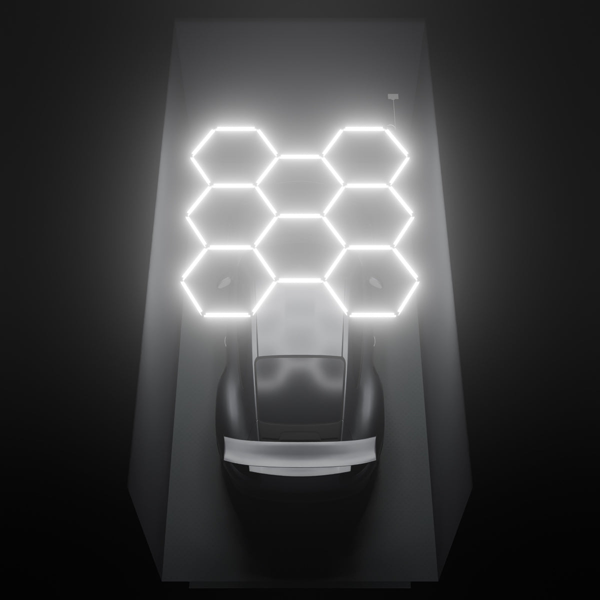 ULTRABEAM Hex Classic 8-Grid B, 2.5 x 2.4 m, lit on the ceiling of a 3 x 6 m single garage