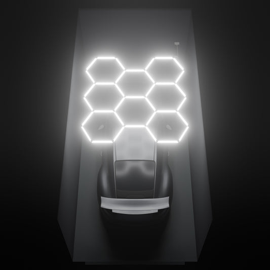 ULTRABEAM Hex Classic 8-Grid B, 2.5 x 2.4 m, lit on the ceiling of a 3 x 6 m single garage