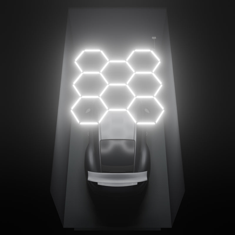ULTRABEAM Hex Classic 8-Grid B, 2.5 x 2.4 m, lit on the ceiling of a 3 x 6 m single garage