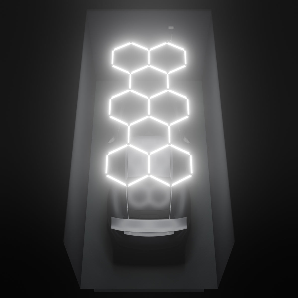 ULTRABEAM Hex Classic 8-Grid C, 3.8 x 1.7 m, lit on the ceiling of a 3 x 6 m single garage