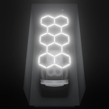 ULTRABEAM Hex Classic 8-Grid C, 3.8 x 1.7 m, lit on the ceiling of a 3 x 6 m single garage
