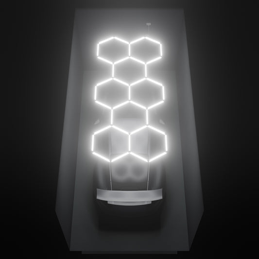 ULTRABEAM Hex Classic 8-Grid C, 3.8 x 1.7 m, lit on the ceiling of a 3 x 6 m single garage