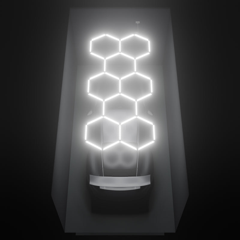ULTRABEAM Hex Classic 8-Grid C, 3.8 x 1.7 m, lit on the ceiling of a 3 x 6 m single garage