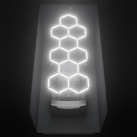 ULTRABEAM Hex Classic 9-Grid A, 4.5 x 1.7 m, lit on the ceiling of a 3 x 6 m single garage
