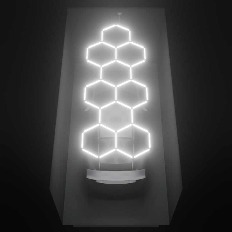ULTRABEAM Hex Classic 9-Grid A, 4.5 x 1.7 m, lit on the ceiling of a 3 x 6 m single garage