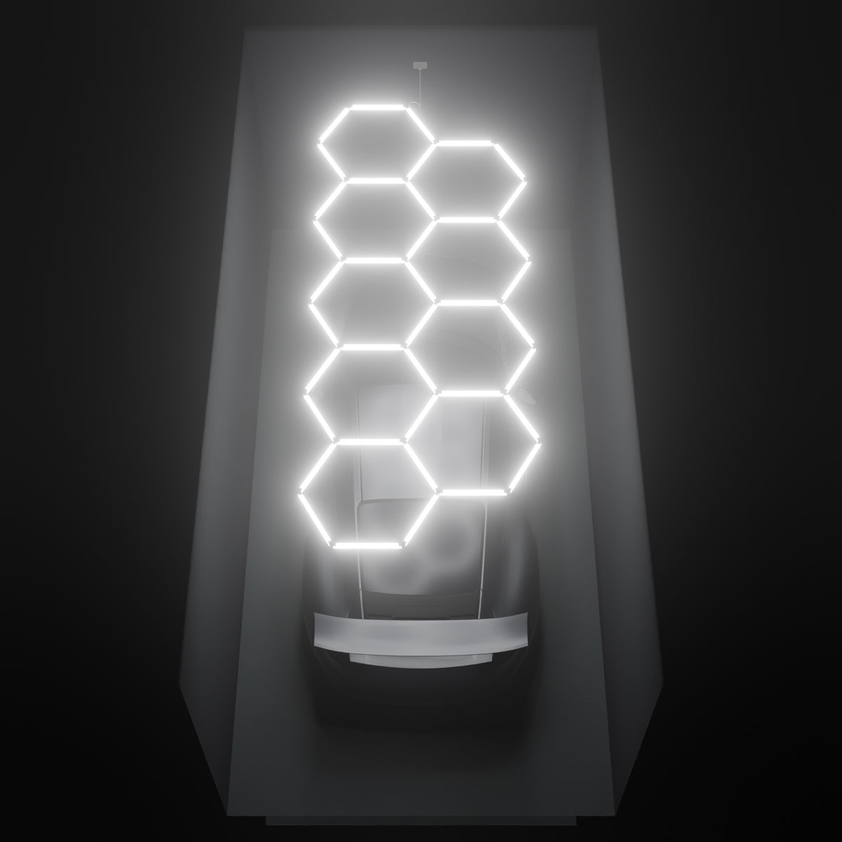 ULTRABEAM Hex Classic 9-Grid B, 4.1 x 1.7 m, lit on the ceiling of a 3 x 6 m single garage