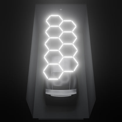 ULTRABEAM Hex Classic 9-Grid B, 4.1 x 1.7 m, lit on the ceiling of a 3 x 6 m single garage