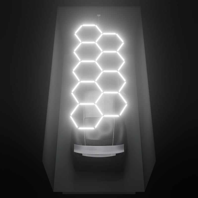 ULTRABEAM Hex Classic 9-Grid B, 4.1 x 1.7 m, lit on the ceiling of a 3 x 6 m single garage
