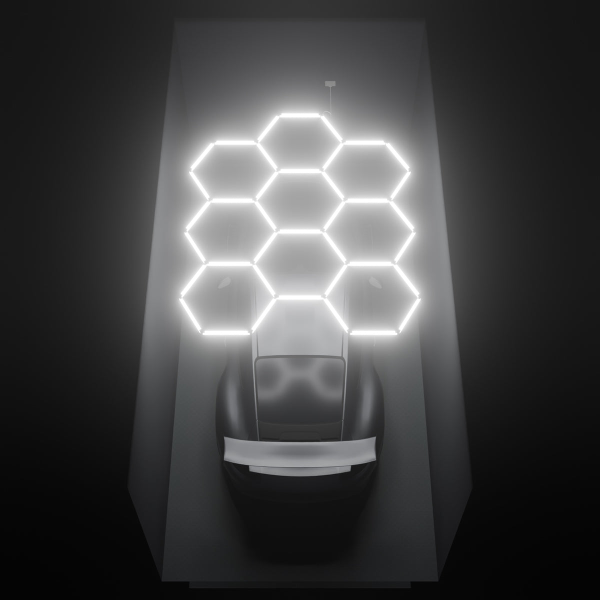 ULTRABEAM Hex Classic 9-Grid C, 2.9 x 2.4 m, lit on the ceiling of a 3 x 6 m single garage