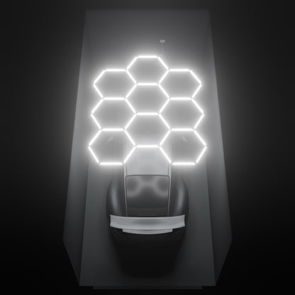 ULTRABEAM Hex Classic 9-Grid C, 2.9 x 2.4 m, lit on the ceiling of a 3 x 6 m single garage