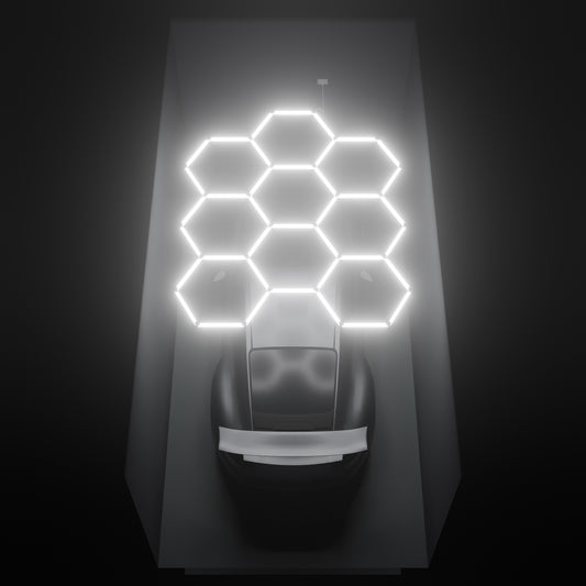 ULTRABEAM Hex Classic 9-Grid C, 2.9 x 2.4 m, lit on the ceiling of a 3 x 6 m single garage