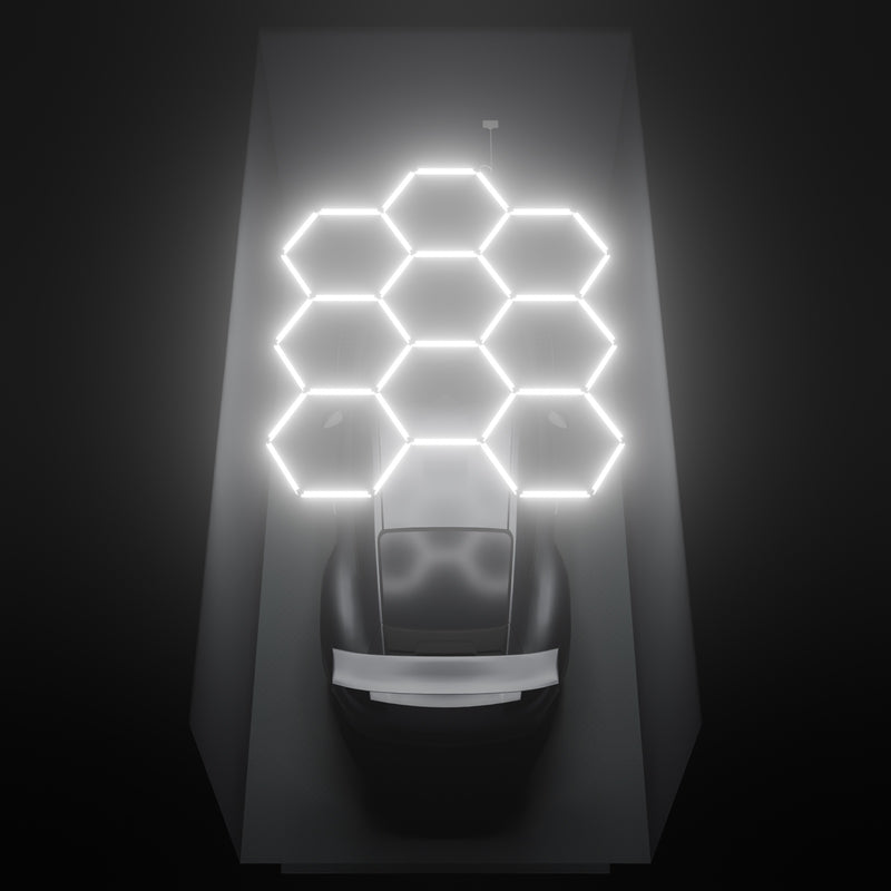 ULTRABEAM Hex Classic 9-Grid C, 2.9 x 2.4 m, lit on the ceiling of a 3 x 6 m single garage