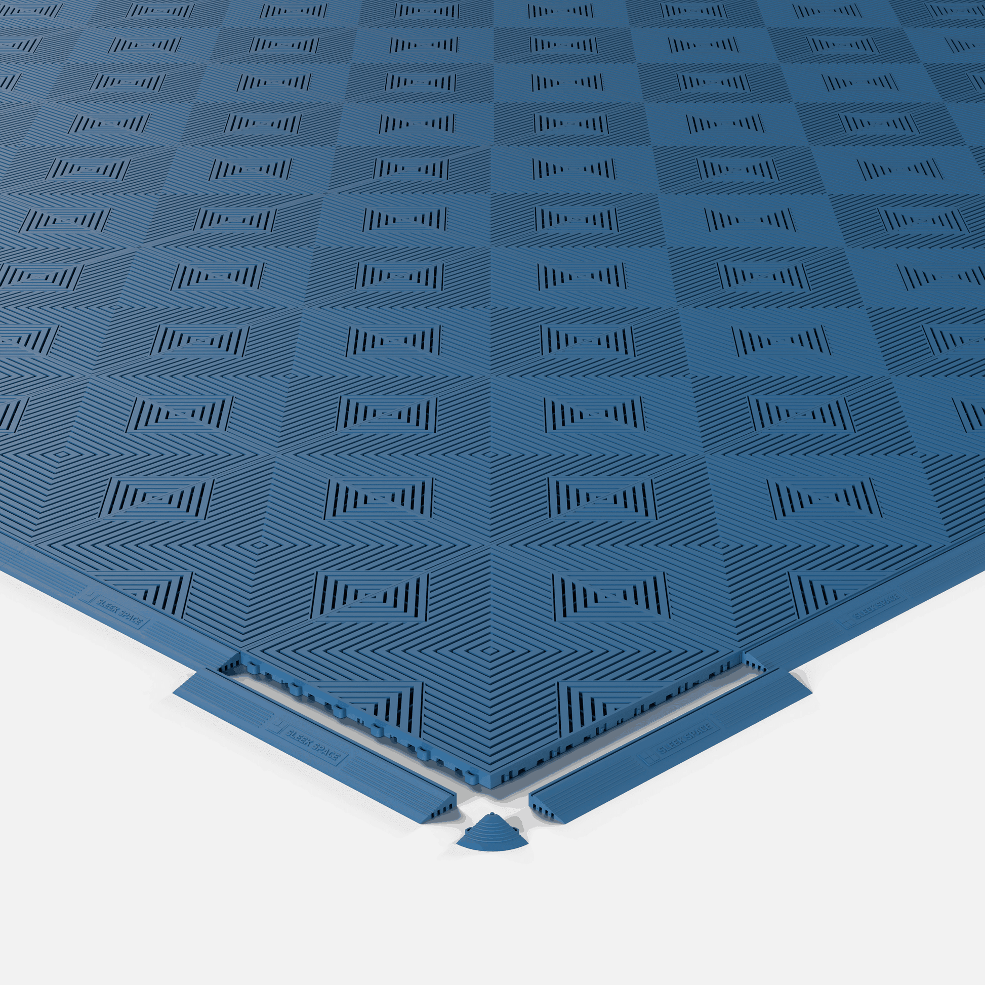 ULTRACORE garage floor tile in Aero Blue, shown with an edge ramp