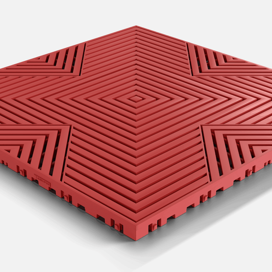 ULTRACORE garage floor tile in Crimson Red, single tile seen from a low angle
