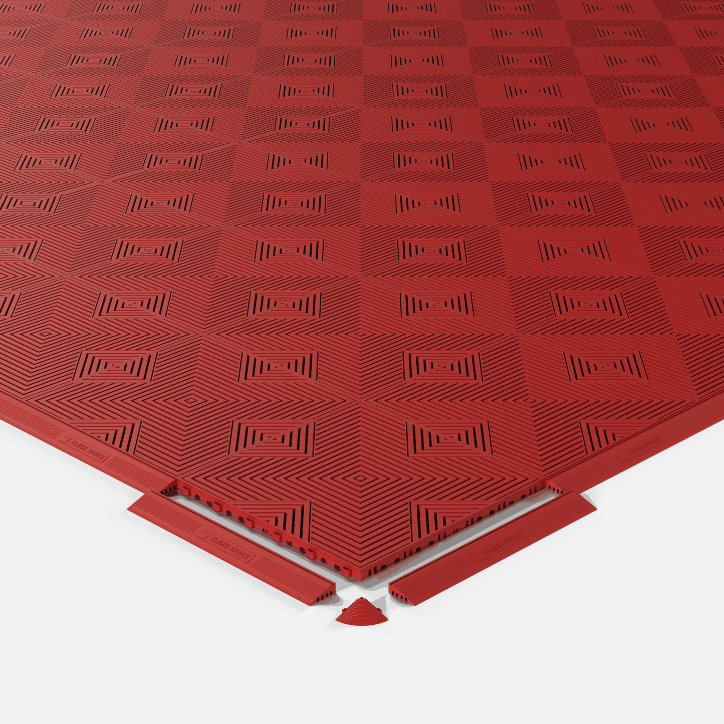 ULTRACORE garage floor tile in Crimson Red, shown with an edge ramp