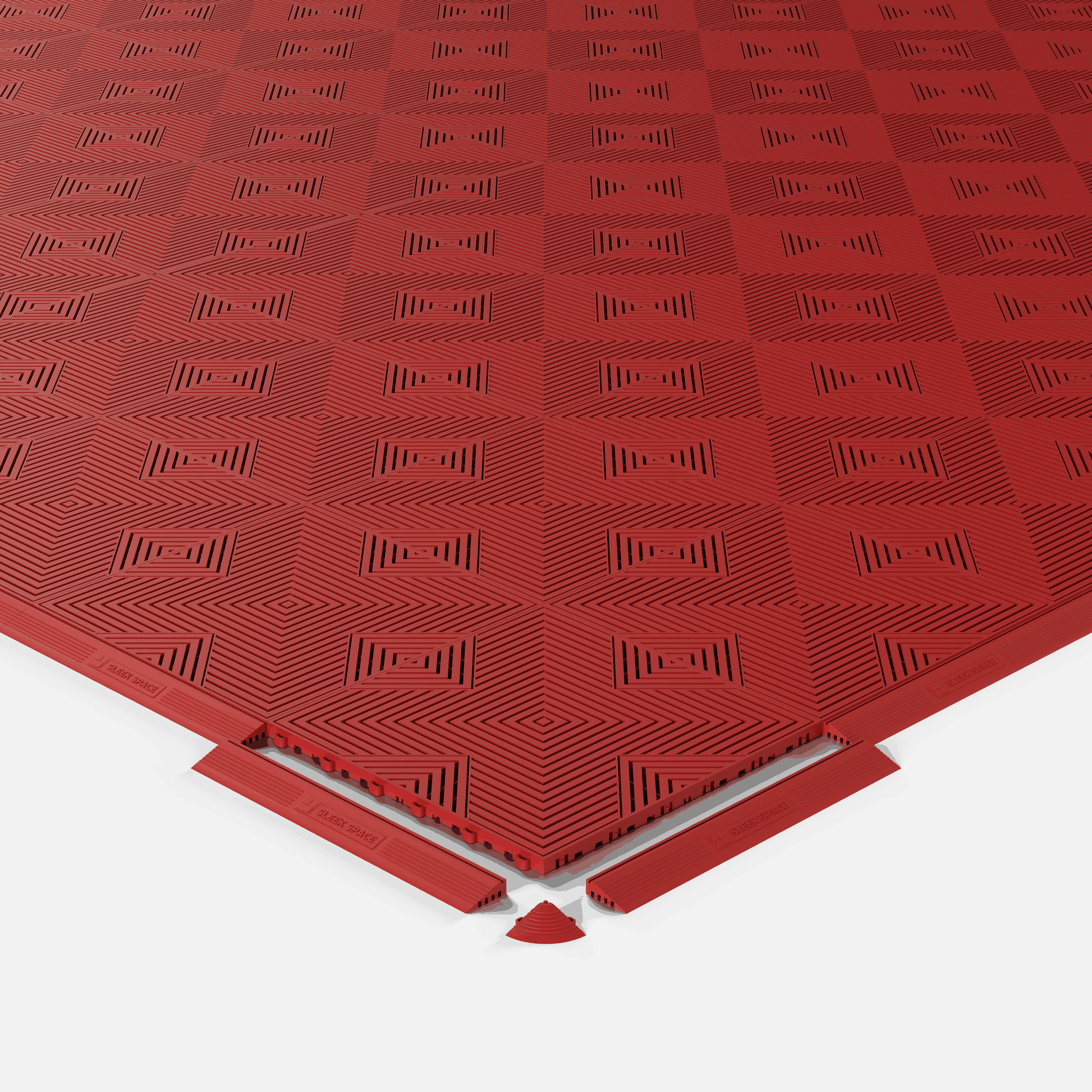 ULTRACORE garage floor tile in Crimson Red, shown with an edge ramp