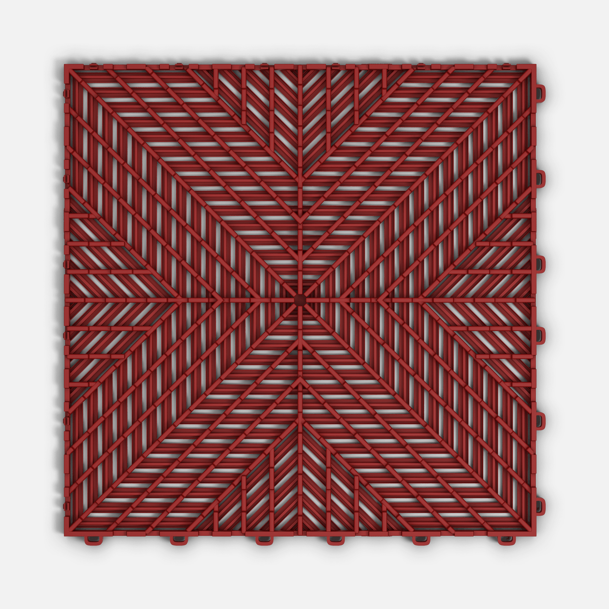 ULTRACORE garage floor tile in Crimson Red, underside showing the ventilation channels