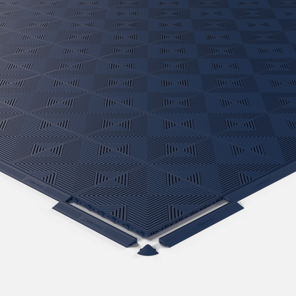 ULTRACORE garage floor tile in Night Blue, shown with an edge ramp