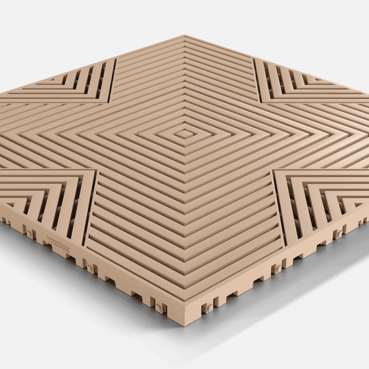 ULTRACORE garage floor tile in Stone Beige, single tile seen from a low angle