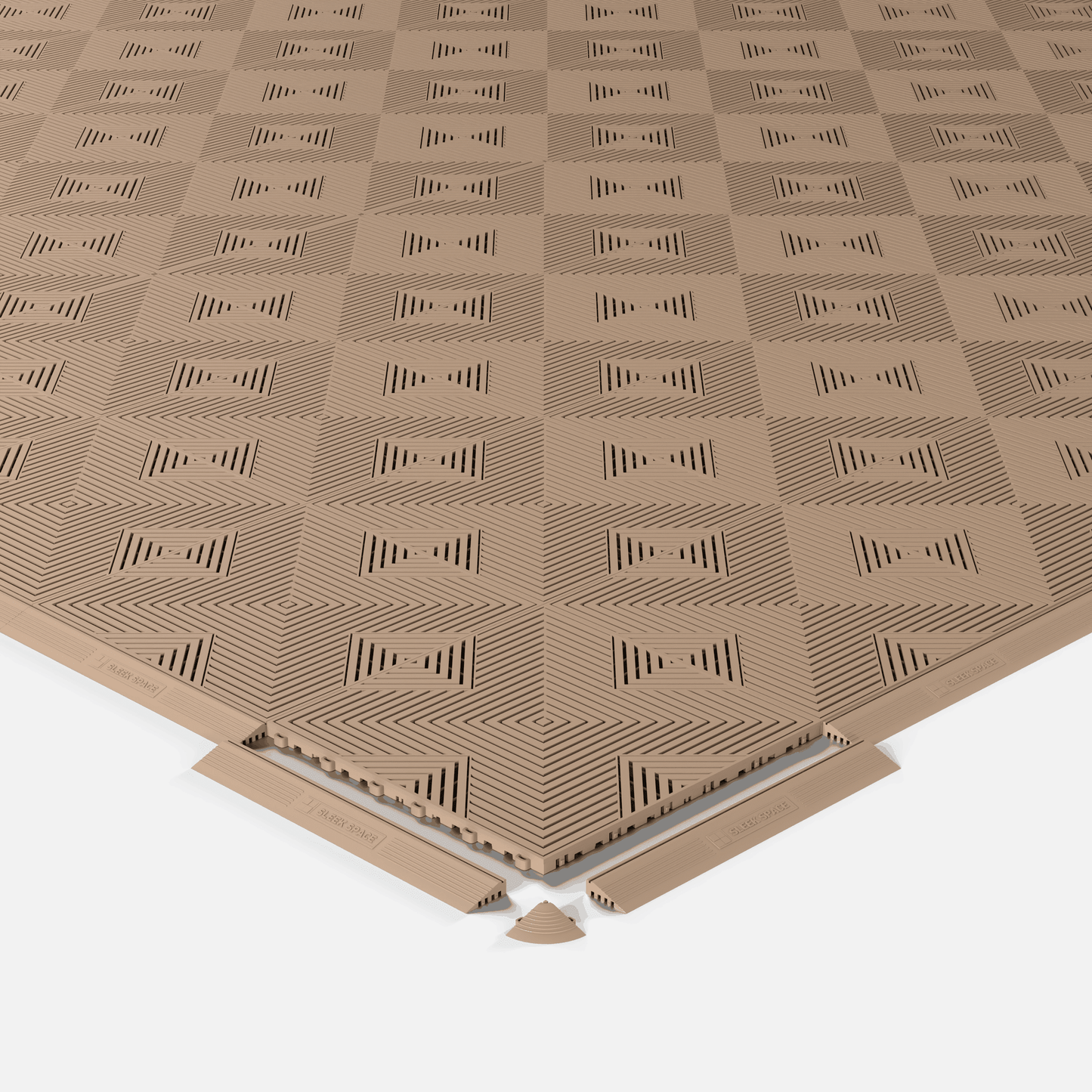 ULTRACORE garage floor tile in Stone Beige, shown with an edge ramp