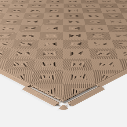 ULTRACORE garage floor tile in Stone Beige, shown with an edge ramp
