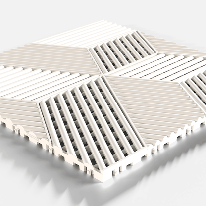 ULTRACUBE garage floor tile in Alpine White, single tile seen from a low angle