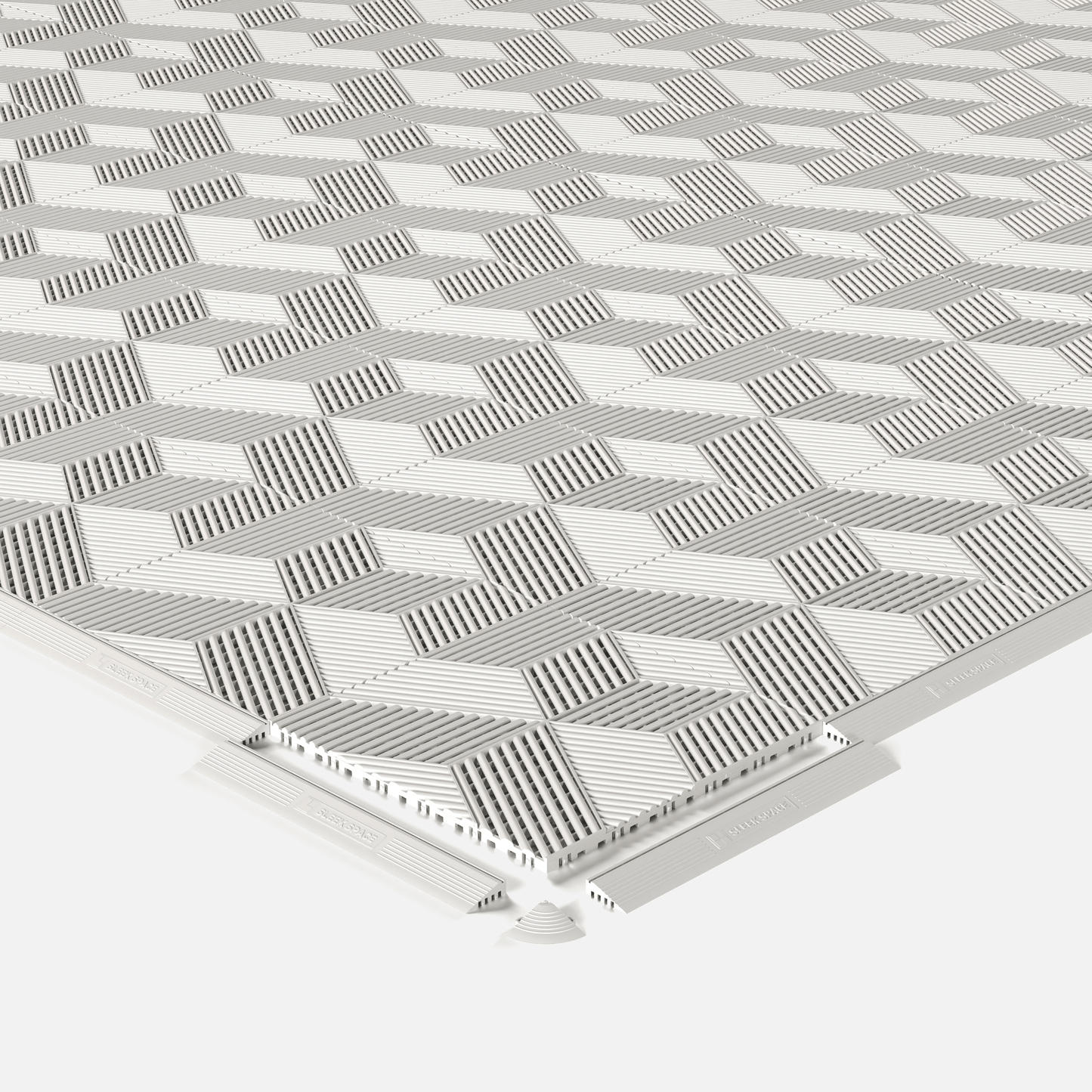 ULTRACUBE garage floor tile in Alpine White, shown with an edge ramp