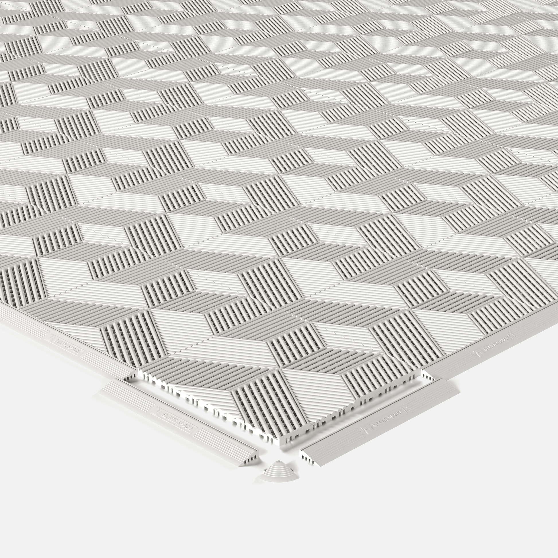 ULTRACUBE garage floor tile in Alpine White, shown with an edge ramp