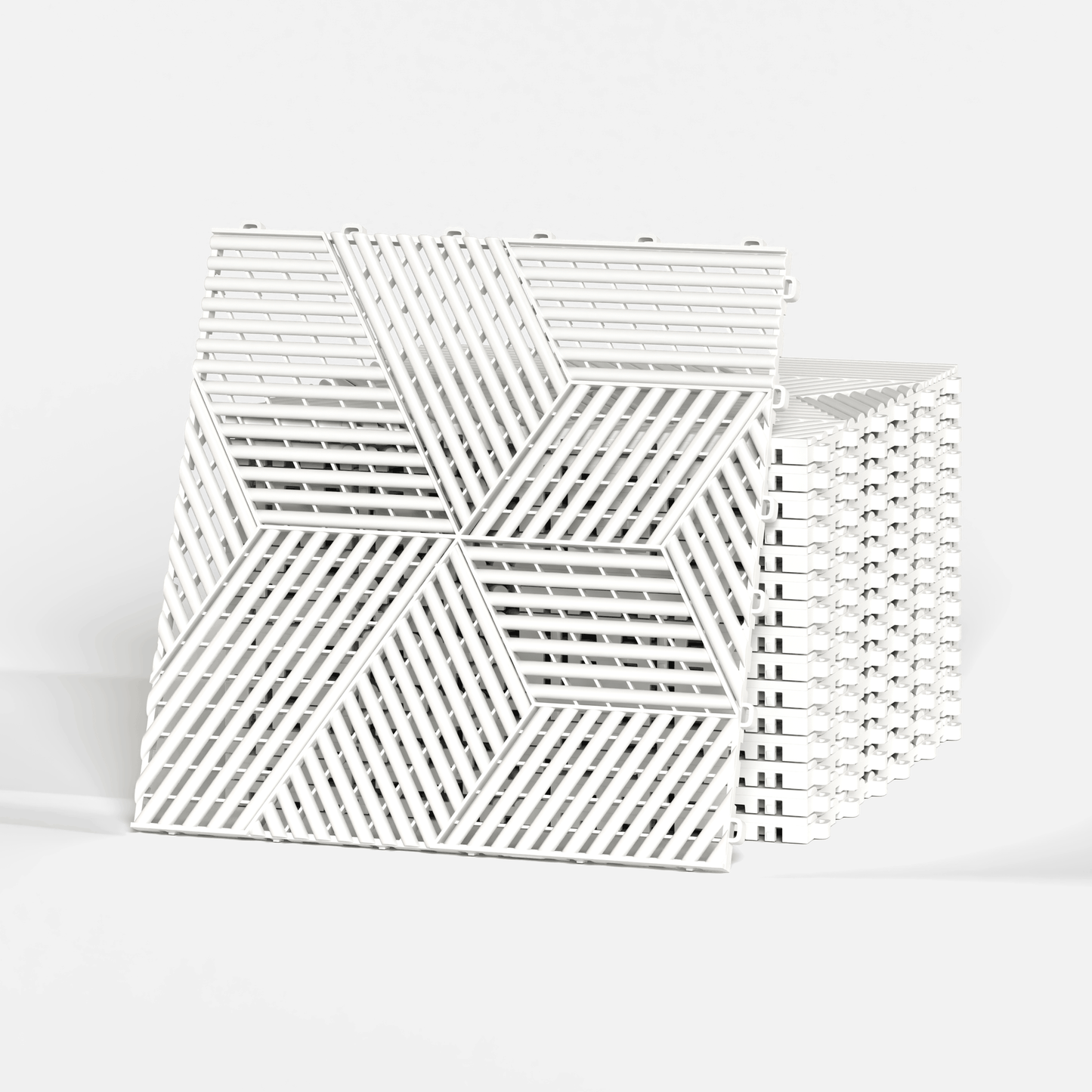 ULTRACUBE garage floor tile in Alpine White, a stack of tiles