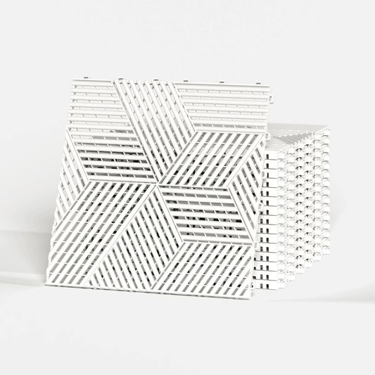 ULTRACUBE garage floor tile in Alpine White, a stack of tiles