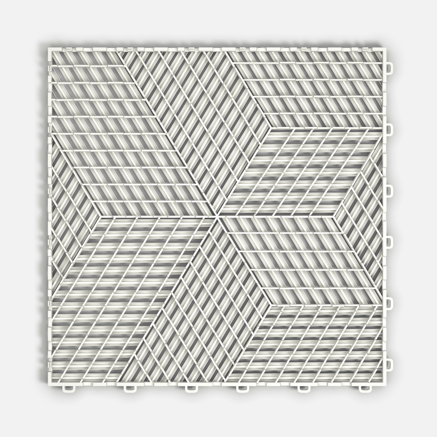 ULTRACUBE garage floor tile in Alpine White, underside showing the ventilation channels