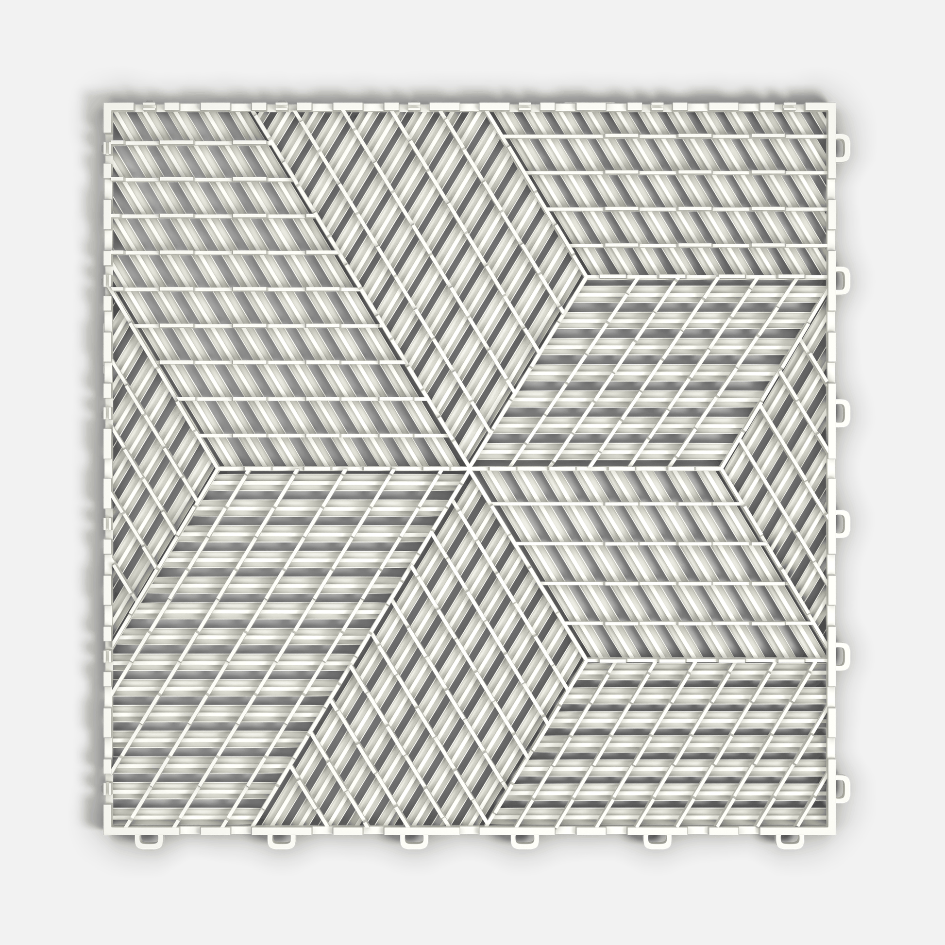 ULTRACUBE garage floor tile in Alpine White, underside showing the ventilation channels