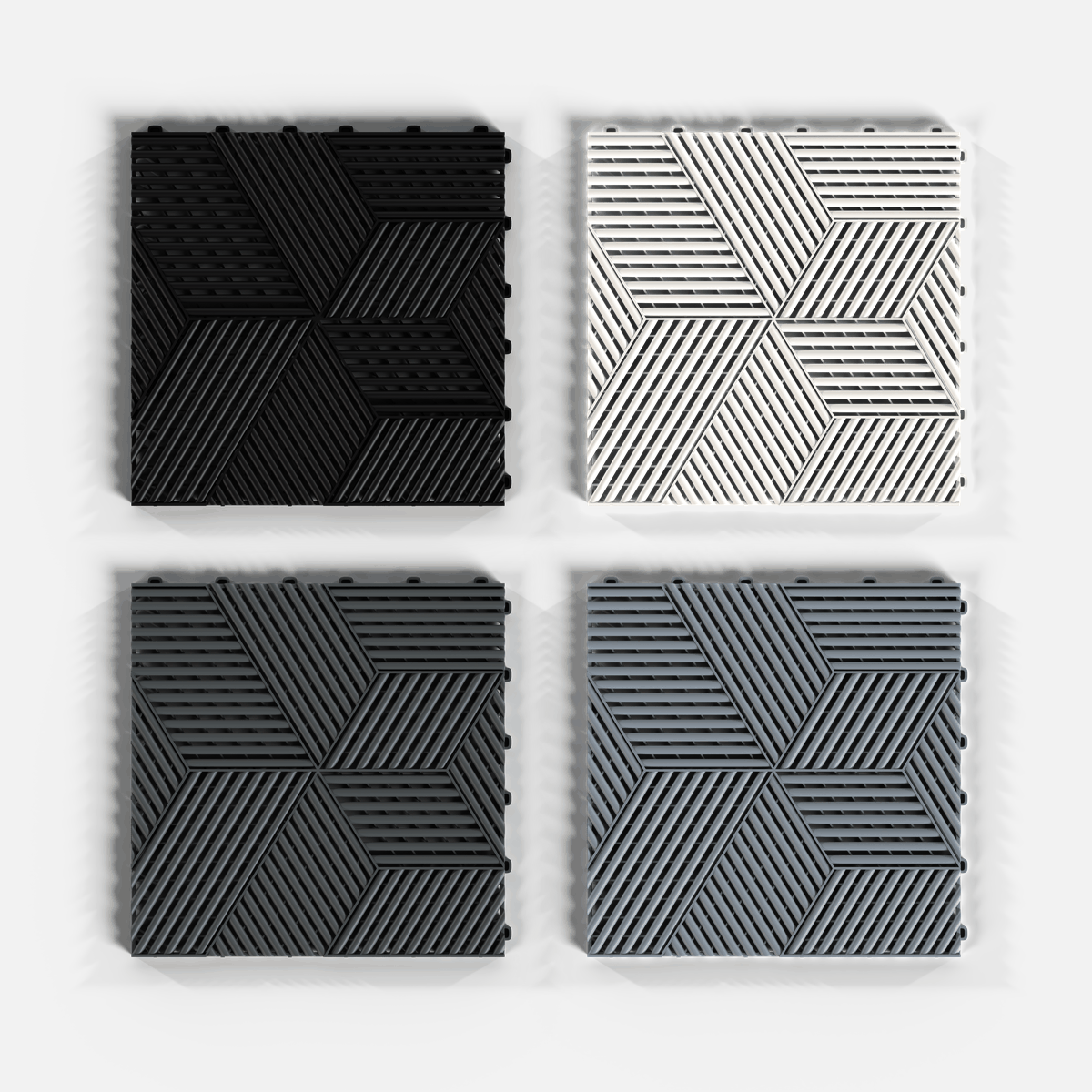 ULTRACUBE garage floor tile sample pack, four tiles in Jet Black, Alpine White, Space Grey and Silver Grey