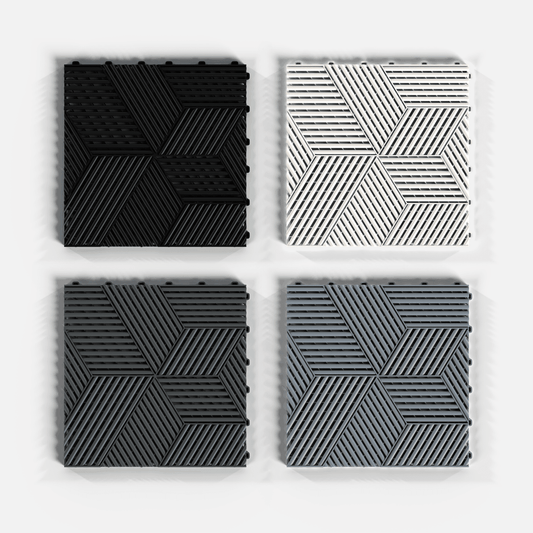 ULTRACUBE garage floor tile sample pack, four tiles in Jet Black, Alpine White, Space Grey and Silver Grey
