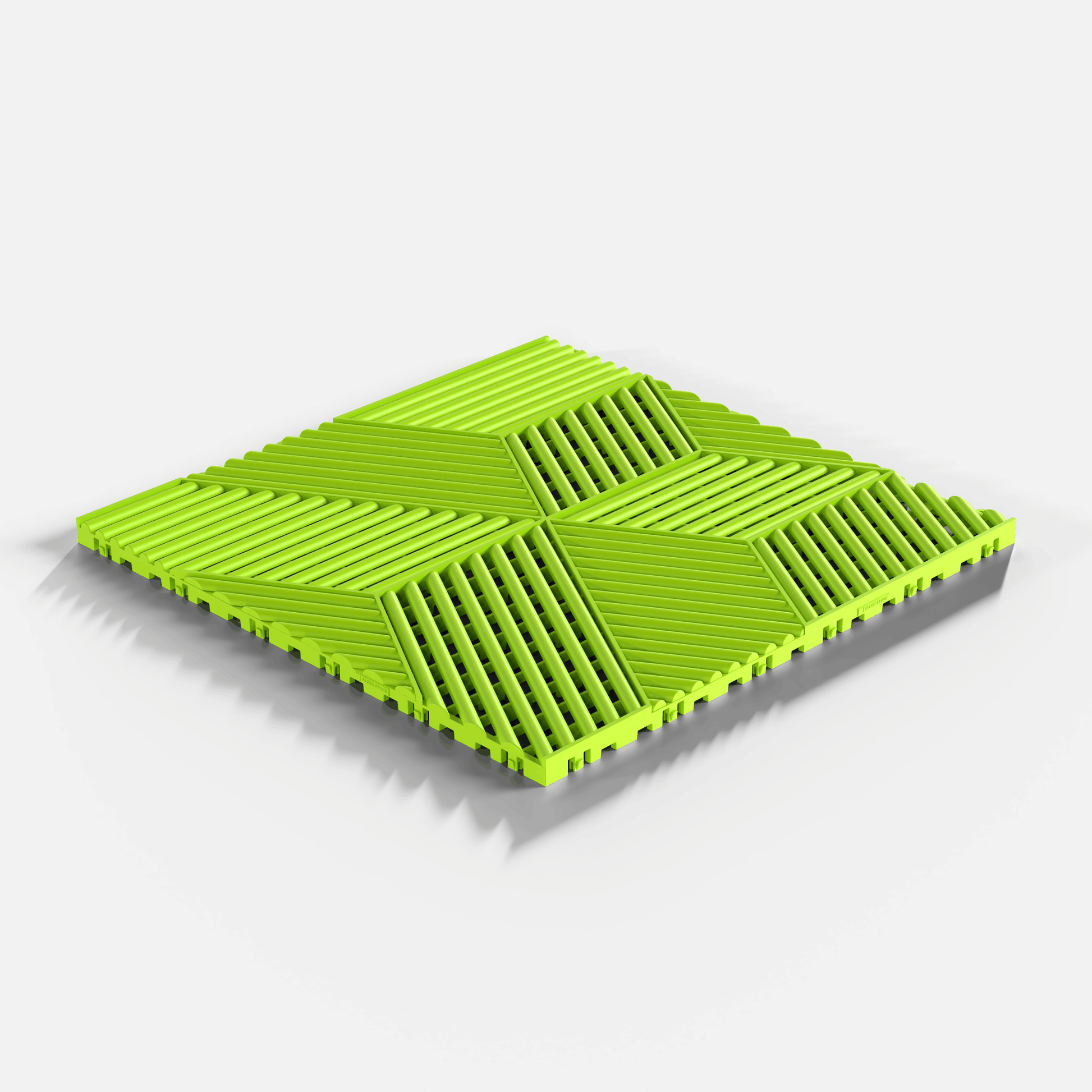 ULTRACUBE garage floor tile in Electric Green, single tile seen from a low angle, second view