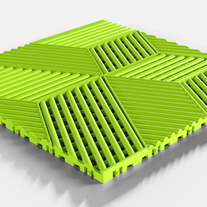 ULTRACUBE garage floor tile in Electric Green, single tile seen from a low angle