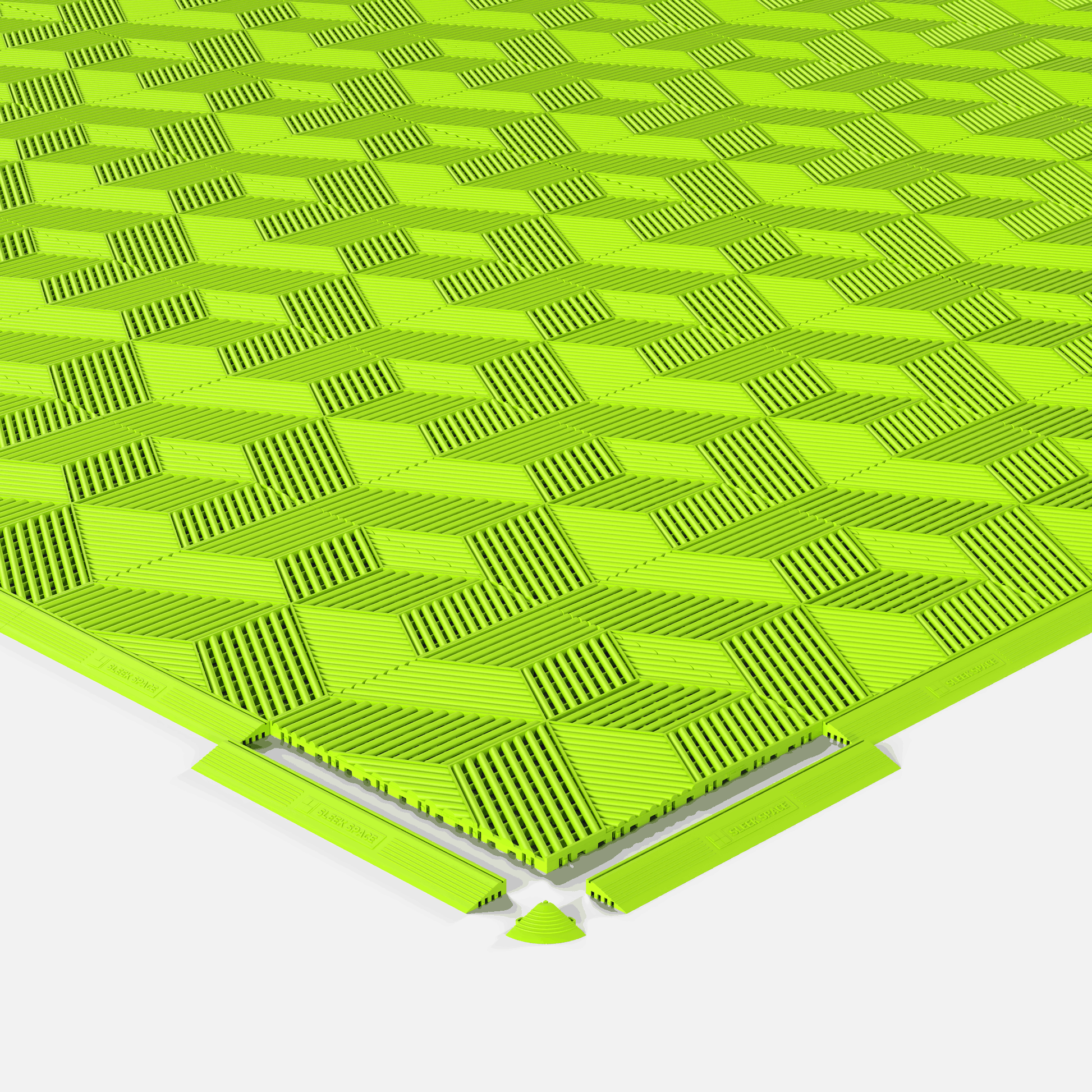 ULTRACUBE garage floor tile in Electric Green, shown with an edge ramp
