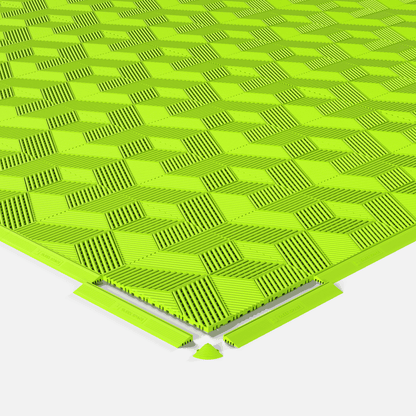 ULTRACUBE garage floor tile in Electric Green, shown with an edge ramp