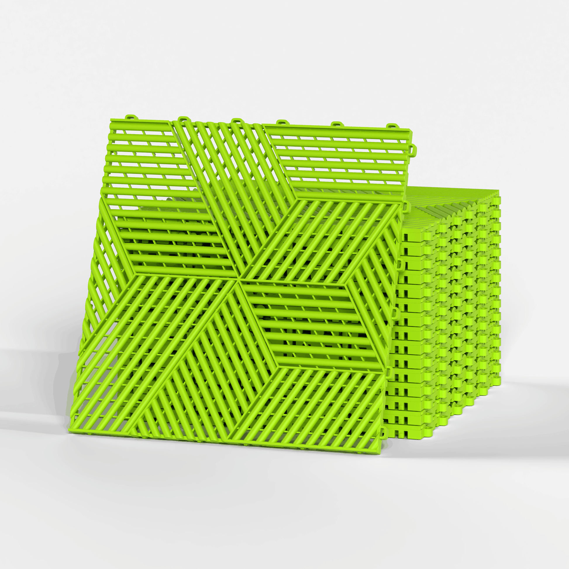 ULTRACUBE garage floor tile in Electric Green, a stack of tiles